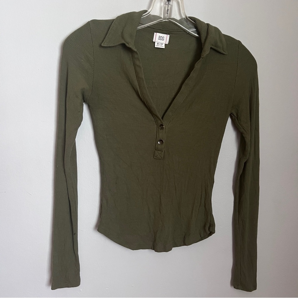 BDG Olive Ribbed Long Sleeve Lightweight Shirt Size XS